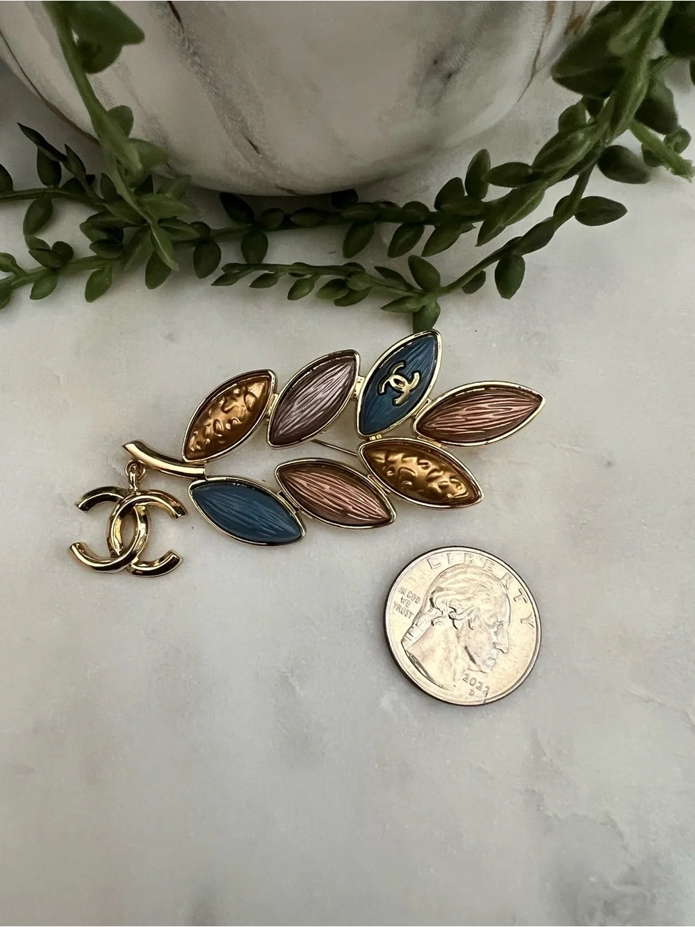 CHANEL Gold-Tone Leaf Brooch with Blue, Pink & Gold Enamel